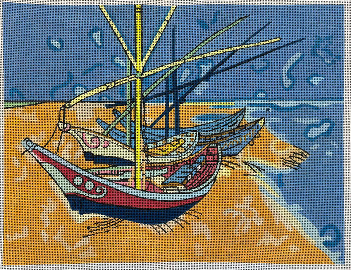 Art Adaption of Boats at Les Saintes Maries by Van Gogh - Handpainted