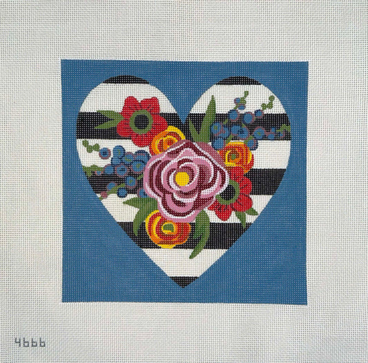 Black and White Striped Floral Heart by Alice Peterson