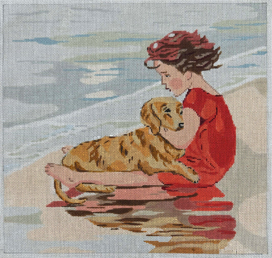Vintage Aviva Canvas - Child and Dog on a Beach