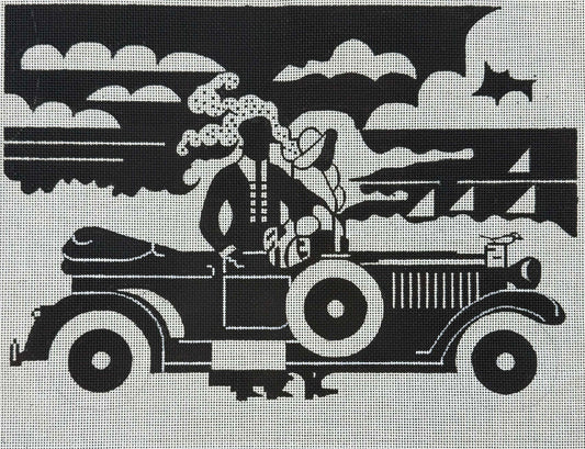 Vintage Canvas - Black and White Art Deco 30's Car and Couple